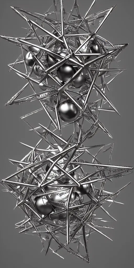 Prompt: a photorealistic render of a metallic neotribal octahedron with thorns, made of liquid metal, c 4 d, by zhelong xu and ernst haeckel, wide angle, hyper realistic, plain background, 8 k, volumetric lightning, octane render