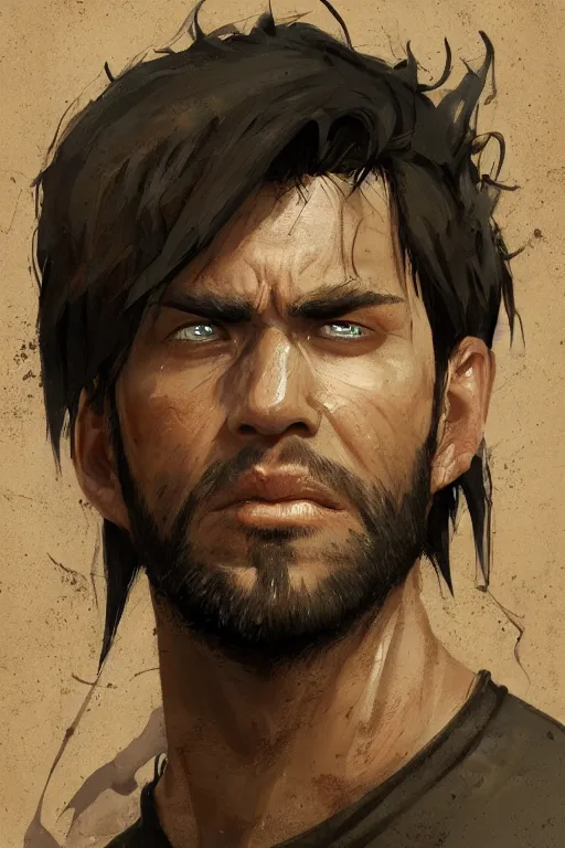 Prompt: very detailed portrait of a rugged man in his early thirties, strong jaws, latino features, wearing a black t - shirt, earthy color scheme, by wlop and krenz cushart and artem demura and artgerm, historical fiction, detailed eyes, starry background, trending, on artstation.