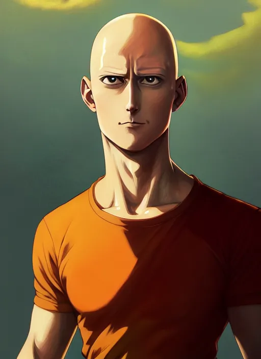 Image similar to handsome saitama, half body shot, path traced, fight scene, highly detailed, high quality, digital painting, alena aenami, lilia alvarado, shinji aramaki, karol bak, alphonse mucha, tom bagshaw