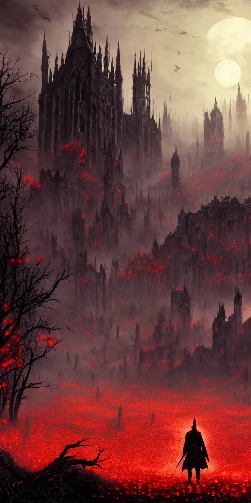 Image similar to populated bloodborne old valley with a dark person at the centre and a ruined gothic city in the background, trees and stars in the background, falling red petals, epic red - orange moonlight, perfect lightning, wallpaper illustration by niko delort and kentaro miura, 4 k, ultra realistic