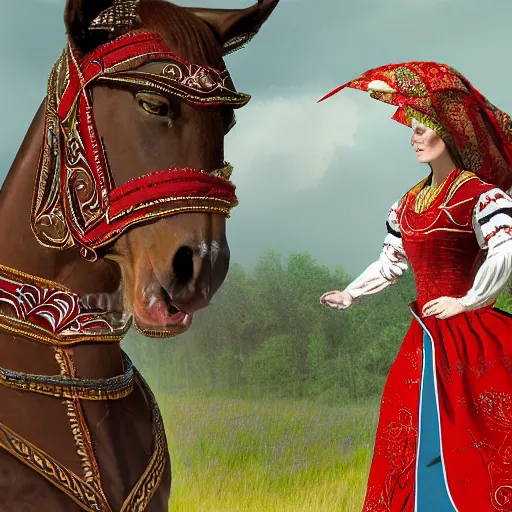 Image similar to The digital art shows the heroine riding on a magnificent red horse. She is clad in a traditional Russian folk costume, complete with a brightly-colored headscarf. Her face is pale and beautiful, with a look of resolve in her eyes. Behind her, the horse's hooves churn up the earth as they gallop across the countryside. In the distance, the dark forest looms, its trees reaching up into the sky. raypunk by Tim Walker sad