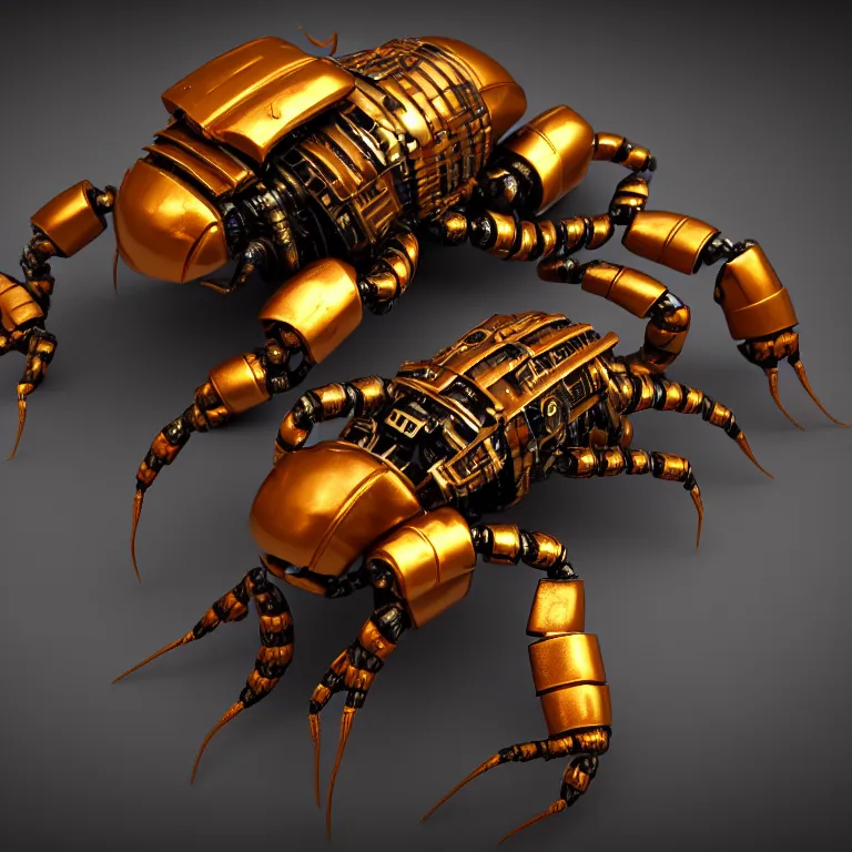 Prompt: steampunk robot scorpion, 3 d model, unreal engine realistic render, 8 k, micro detail, intricate, elegant, highly detailed, centered, digital painting, artstation, smooth, sharp focus, illustration, wlop