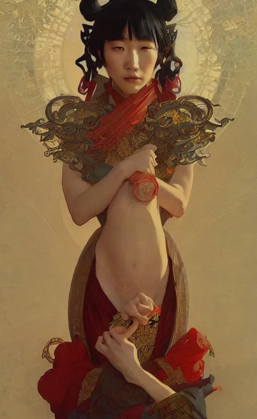 Prompt: personification of china, highly detailed, digital painting, artstation, concept art, sharp focus, illustration, art by greg rutkowski and alphonse mucha