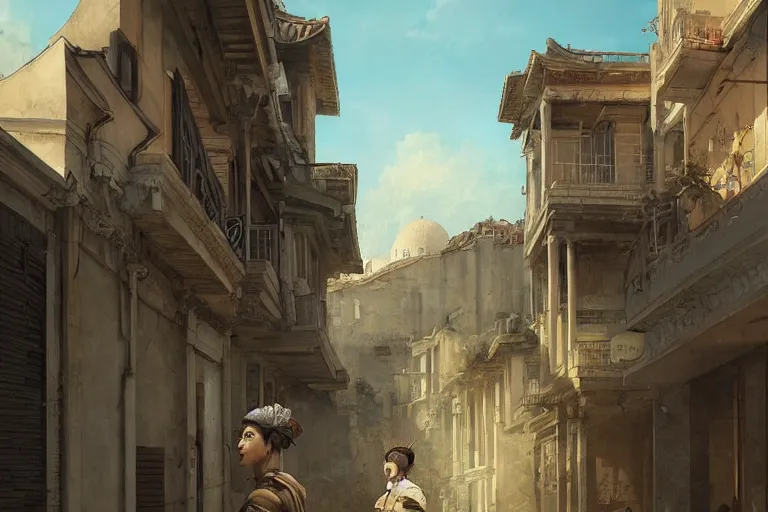 Image similar to handsome korean man looking at ancient renaissance athens street with intricate details, serene, face anatomy, by wlop, peter mohrbacher, jakub rebelka, visually stunning, beautiful, masterpiece