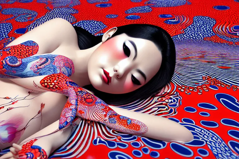 Prompt: hyperrealistic detailed image of a geisha laying in a art installation, high definition pattern design by yayoi kusama, part by kei mieno, part by alex gray, part by ross tran, part by james jean, ultra realistic, highly detailed, life like face, detailed body, 8 k, unreal engine 5, very cohesive