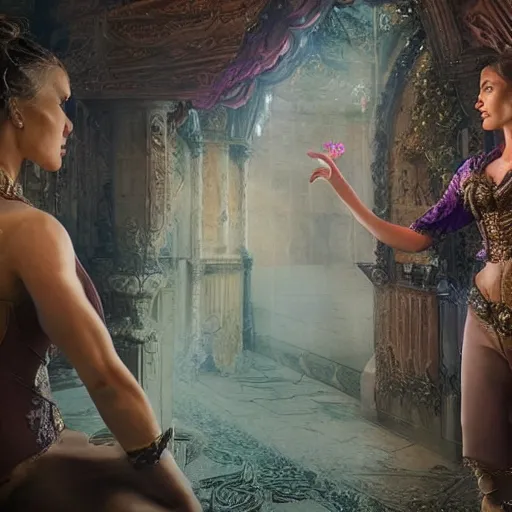 Prompt: a scene of two identical beautiful sorceresses face to face, full of detail, realistic lighting