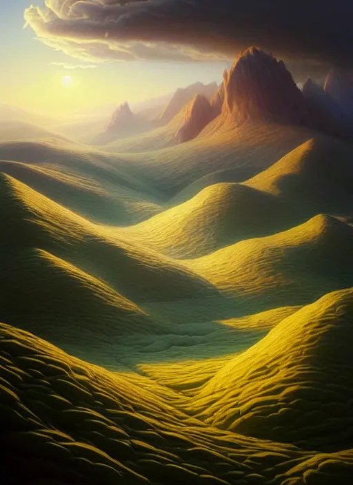 Image similar to a hyper - detailed 3 d render like a oil painting of dawn in the low - poly hills, surrealism!!!!! surreal concept art, lifelike, photorealistic, digital painting, aesthetic, smooth, sharp focus, artstation hd, by greg rutkowski, chris tulloch mccabe, valentina remenar, krenz cushart and asher duran,