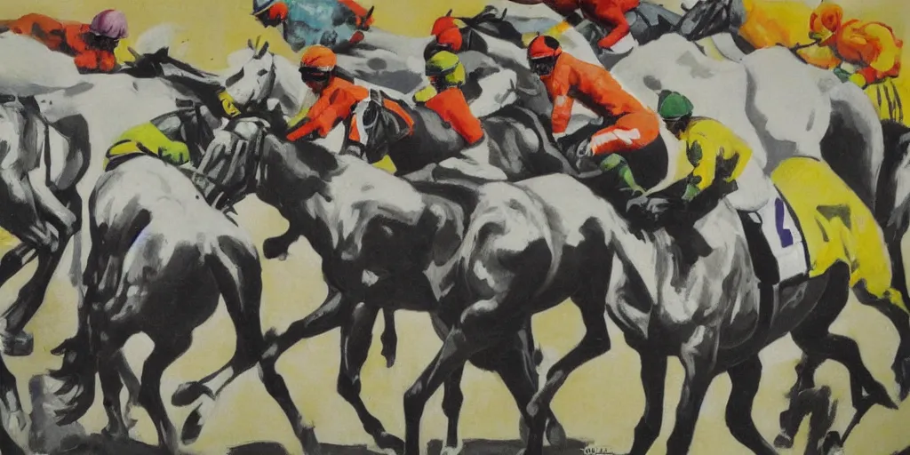 Prompt: horse race, black and white with color highlights, italian futurism style