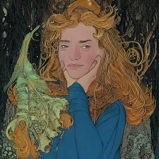 Image similar to a beautiful portrait of sanna!!!!! marin!!!!!, the young female prime minister of finland as a druidic wizard by rebecca guay, michael kaluta, charles vess and jean moebius giraud