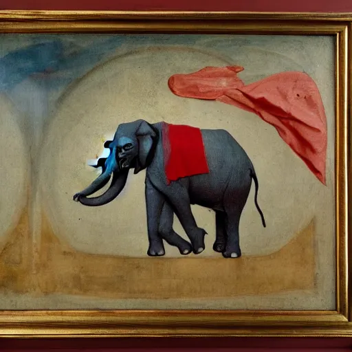 Prompt: elephant, red white blue, hieronymus bosch