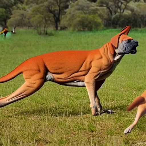 Prompt: boerboel in a field chasing a kangaroo, detailed, intricate, realistic