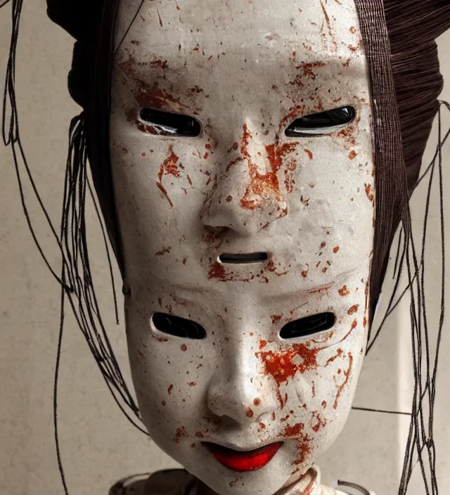 Image similar to portrait of a slightly rusty, beaten - up japanese robotic geisha with wires and actuators, porcelain white face, dramatic lighting, hyper - realistic, ultra - realistic, intricate details, 8 k ultra high definition, digital art