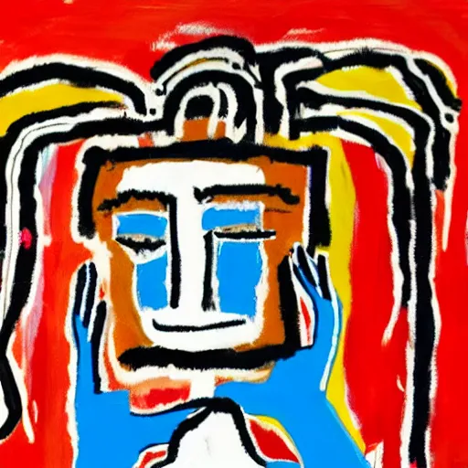 Image similar to basquiat style painting of a girl with hand over face