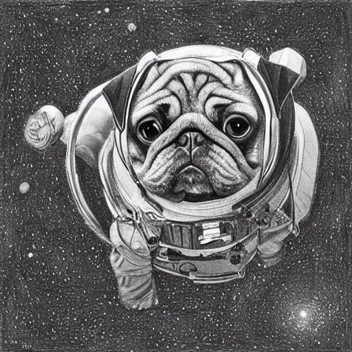 Image similar to pencil art, golden - ratio, spirals, highly detailed, astronaut pug in outer space by davinci.