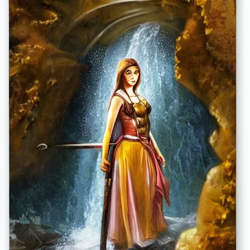 Prompt: A woman with a sword stands under a waterfall, the middle ages, knight\'s armor, digital art, beautiful