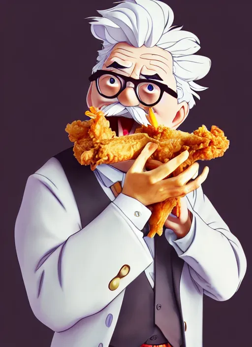 Image similar to cute colonel sanders eating fried chicken, natural lighting, path traced, highly detailed, high quality, digital painting, by don bluth and ross tran and studio ghibli and alphonse mucha, artgerm