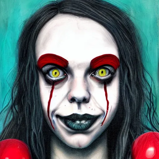 Image similar to grunge painting of billie eilish with her face split down the middle with a wide smile and a red balloon by chris leib, loony toons style, pennywise style, corpse bride style, horror theme, detailed, elegant, intricate