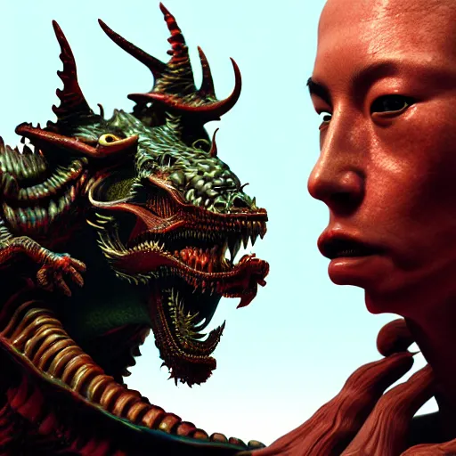 Image similar to hyperrealism aesthetic in araki nobuyoshi and caravaggio style computer simulation visualisation of parallel universe dramatic scene with detailed dragon that fighting with detailed orks and wearing retrofuturistic sci - fi neural interface designed by josan gonzalez. hyperrealism volumetric natural light rendered in blender