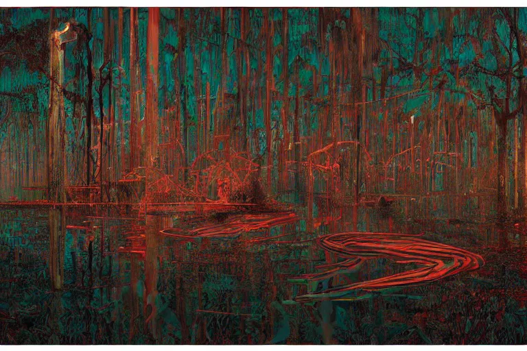 Image similar to scene from louisiana swamps,, neon cross, voodoo, 8 k, hyper detailed, artwork by tim eitel