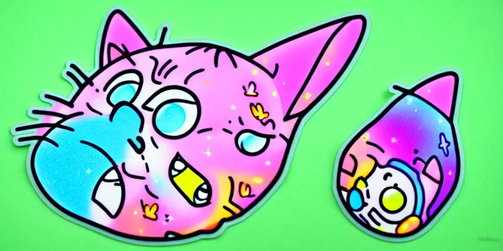 Prompt: a cat burrito, puffy sticker, glitter sticker, kawaii by studio ghibli, by lisa frank 8 k pastel colours, neon colours, fluorescent colours,