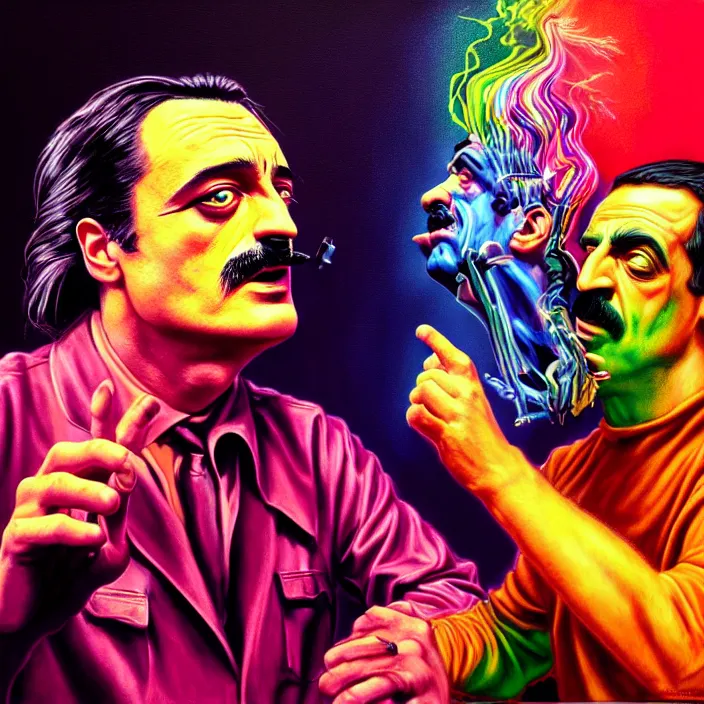 Prompt: bright psychedelic mike patton eating frank zappa who is puking hitler, diffuse lighting, fantasy, intricate, elegant, highly detailed, lifelike, photorealistic, digital painting, artstation, illustration, concept art, smooth, sharp focus, art by francis bacon