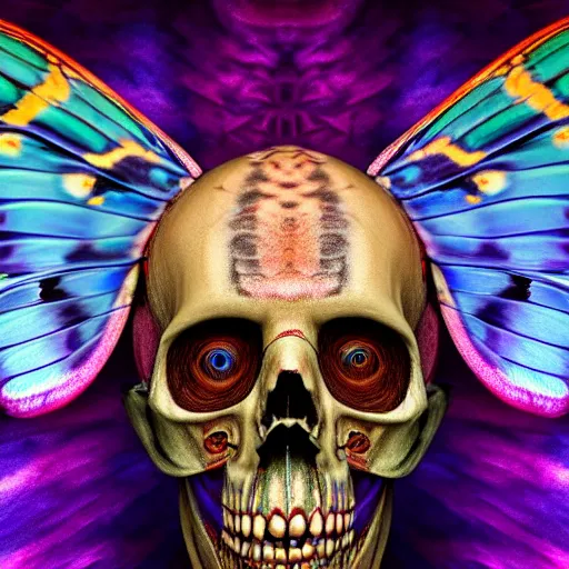 Image similar to a portrait of a skelton with moth wings, highly detailed, digital photo, hdri, by christopher bretz and john carpenter, vivid colors, high contrast, 8 k resolution, intricate, photorealistic, smooth, psychedelic color scheme, concept art, award winning, cg society contest winner