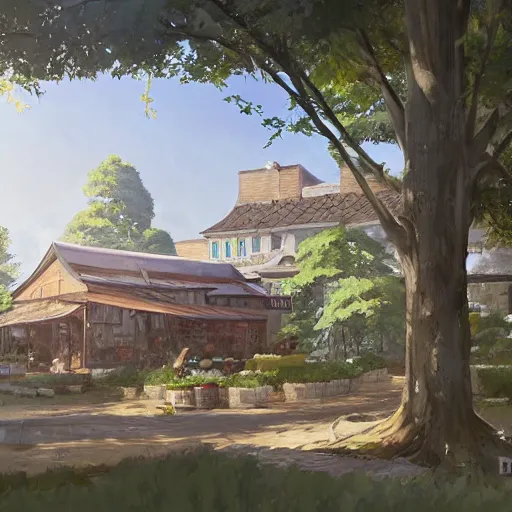 Image similar to concept art painting of a historic bakery with european and japanese architecture, in a woodland village surrounded by trees and mountains, realistic, detailed, cel shaded, in the style of makoto shinkai and greg rutkowski and james gurney