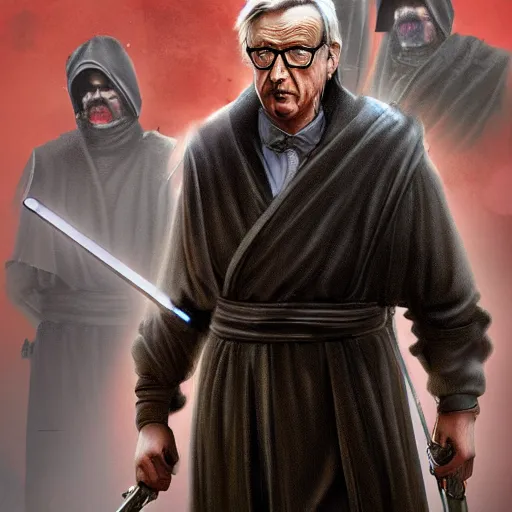 Image similar to Jean-Claude Juncker as a sith lord, post-apocalyptic, Munich, wlop, artstation