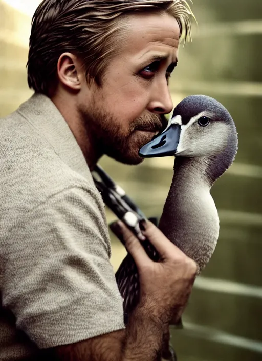 Prompt: ryan gosling fused with a goose, natural light, bloom, detailed face, magazine, press, photo, steve mccurry, david lazar, canon, nikon, focus