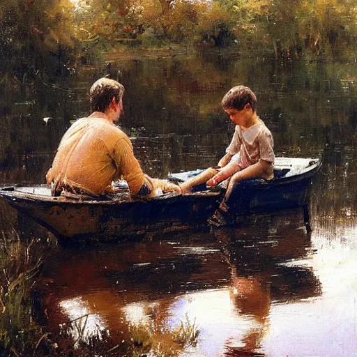 Image similar to painting of dad and son thinking together in boot on a calm lake, by pino daeni