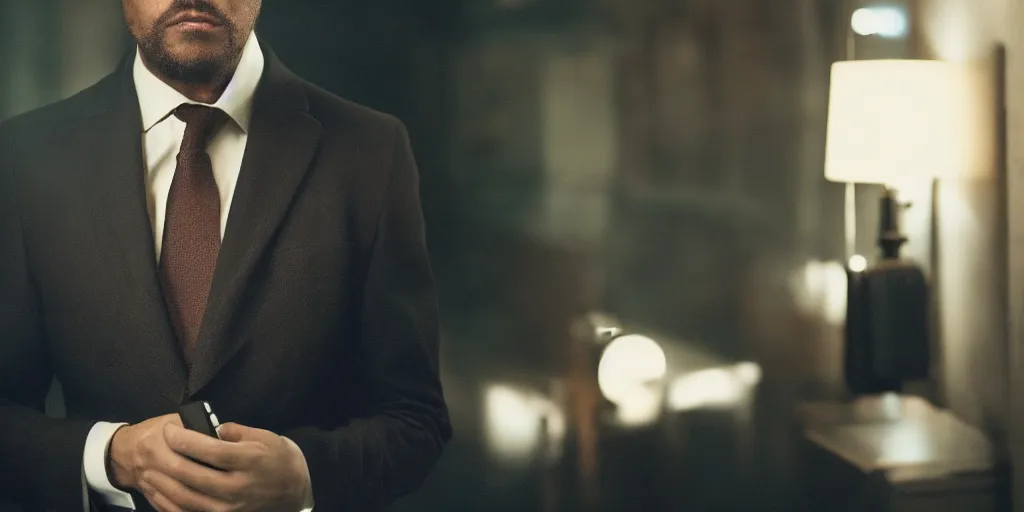 Image similar to a man wearing a dark brown suit, holding an old phone, cinematic, underexposed lighting, shot on arri alexa