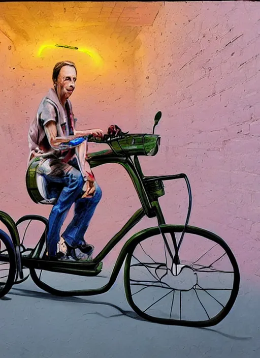 Image similar to hyperrealism steve buscemi riding a tricycle, light effect, hyper detailed, claymation, cartoon, detailed, realistic materials, sharp focus, synthwave, neon, modern