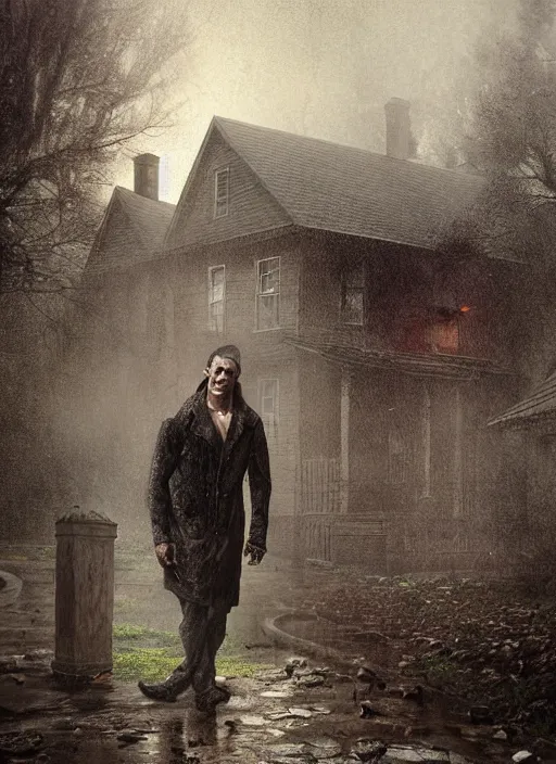 Image similar to frankenstein standing in front of a house on a rainy day, a digital rendering by gregory crewdson, trending on cgsociety, american scene painting, ominous vibe, matte drawing, atmospheric