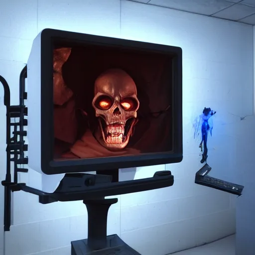 Image similar to a grim reaper with a crt monitor for a head. the monitor has a blue screen with white letters on it. by frank frazetta, simon bisley, brom, concept art, octane render, unreal engine 5, highly detailed, high quality, 8 k, soft lighting, realistic face, path traced