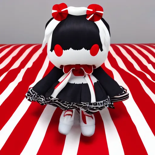 Prompt: cute fumo plush of a girl with a distinctive character silhouette, red stripes on black, cel shaded pbr, vray