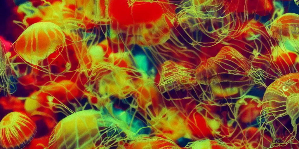 Image similar to hamburger mix jellyfish, cg, 8 k, surrealistic, sharp focus, super resolution, style by andy warhol