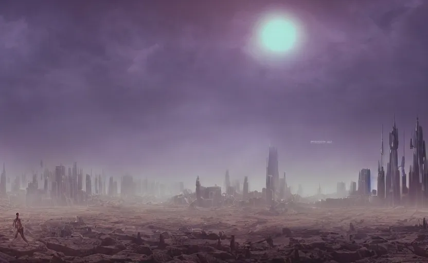 Image similar to matte painting of ant aliens in a desert, science fiction art, city in the skyline, two suns, gloomy, fog, elaborate, detailed digital art, trending in artstation, purple color lighting