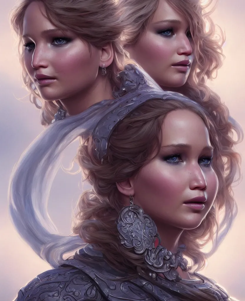 Image similar to Jennifer Lawrence, closeup, D&D, fantasy, intricate, elegant, highly detailed, digital painting, artstation, concept art, matte, sharp focus, illustration, hearthstone, art by Artgerm and Greg Rutkowski and Alphonse Mucha