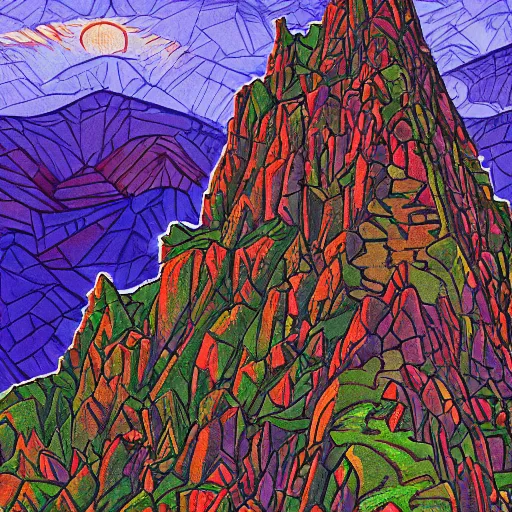 Image similar to At the top of a carved stairway of ten thousand rough hewn steps looms the ominous double mountain known only as the Iron Crag, home to the dieselpunk Dwarven megacity of Marhtlaz, by Matt Heuston and by Mike Ploog, magical fauvism, vfx