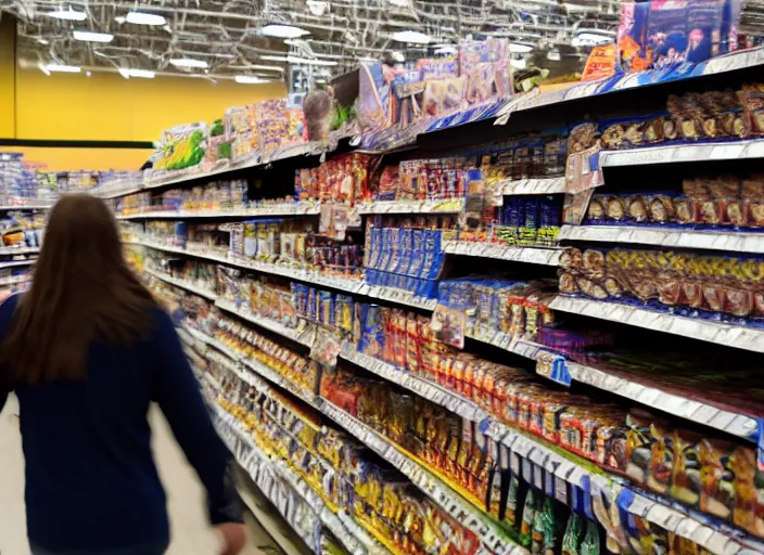 Prompt: professional wildlife photograph of a a person shopping at walmart, cinematic lighting, apex predator, natgeo