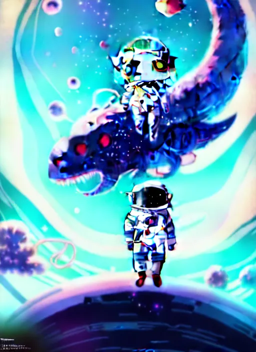 Image similar to portrait of cute kawaii astronaut android floating around a large biomechanical dragon, nebulous background of dynamic space, a dramatic composition by wlop and greg rutkowski and makoto shinkai and studio ghibli and kyoto animation cute bubbly clothing, 4 k resolution trending on artstation