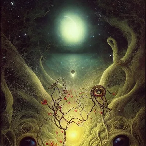 Prompt: the night sky is black and full of stars, huge red eyes are floating in the sky, their irises are red, ethereal tentacles, by Esao Andrews and Karol Bak and Zdzislaw Beksinski, vivid colors