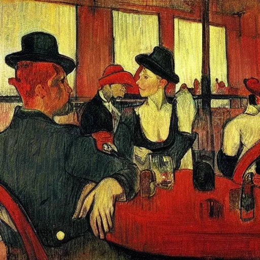 Prompt: red berets soldiers inside of a pub, painting by toulouse - lautrec, cinematic, award winning