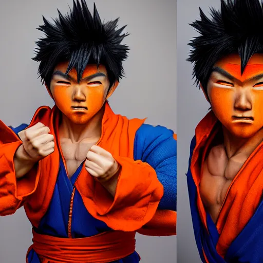 Image similar to photorealistic human goku, goku as an asian man, goku in real life, spiky hair, orange gi, asian human, realistic photography, human goku, photography, cinematic