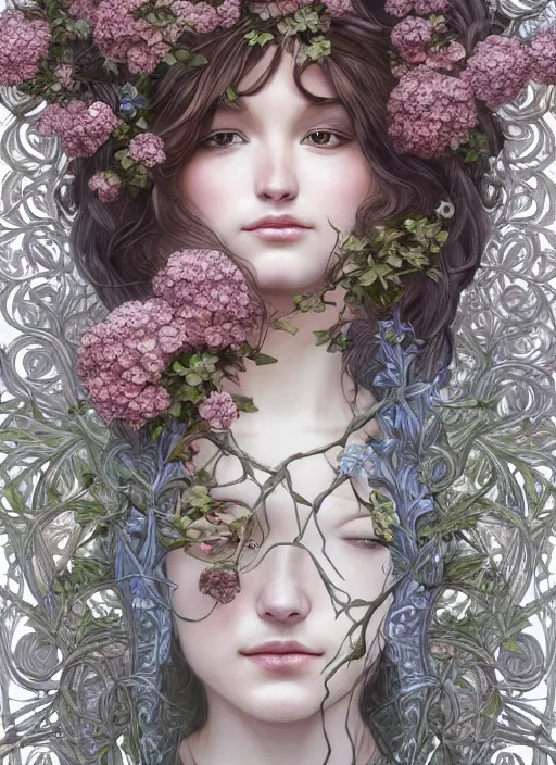 Prompt: a photographic portrait of a anthropomorphic hydrangea blossom goddess spirit, fantasy, wind blowing hair, intricate, elegant, highly detailed, digital painting, artstation, concept art, smooth, sharp focus, illustration, art by artgerm and h r giger and alphonse mucha