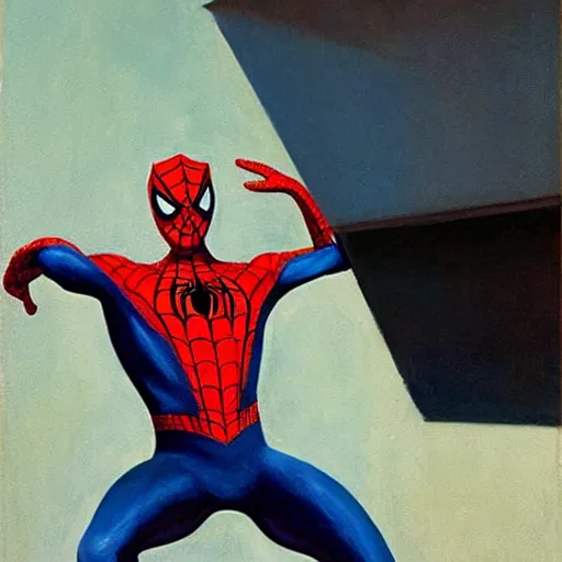 Prompt: Spiderman, 1942 oil on canvas painting, Edward Hopper