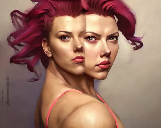 Image similar to greg manchess portrait painting of smug scarlett johansson as beautiful thick female bodybuilder zarya from overwatch, medium shot, asymmetrical, profile picture, organic painting, sunny day, matte painting, bold shapes, hard edges, street art, trending on artstation, by huang guangjian and gil elvgren and sachin teng