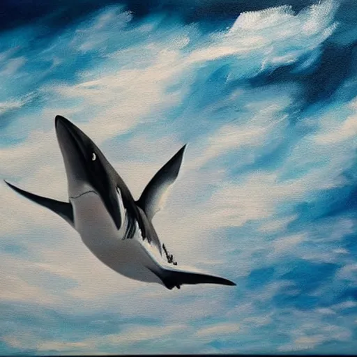 Prompt: abstract painting of a great white shark flying through a beautiful cloud filled sky