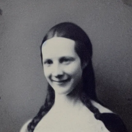 Prompt: representation of a young woman with a happy face in the year 1835 photo taken by William Henry Fox Talbot