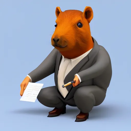 Prompt: a high quality photo of an antropomorphic capybara wearing a suit smoking a cigar, 3d scene, render, ultra realistic, artstation, cgsociety